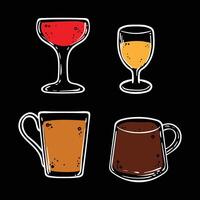 Doodle of glasses with drinks. Simple white outline of alcoholic or soft drinks. illustration for online and print design projects. Icons for cafe menu designs. vector