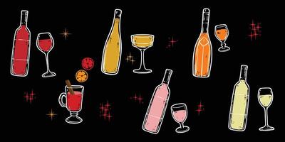 Doodle of alcohol drinks in glass bottles and glasses. Simple outline of alcoholic drinks such as wine, cognac, champagne. illustration for online and print design projects. vector
