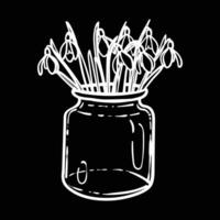 Hand drawn snowdrops bouquet in a jar like vase. White line art of beautiful winter flowers isolated on a black background. Illustration for online and print projects. vector