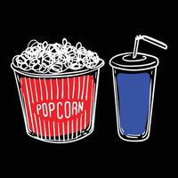 Doodle of popcorn bucket and plastic soda cup with a straw. Simple white outline of movie snacks made out of corn. illustration for online and print design projects. vector