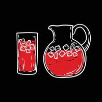 Doodle of red lemonade in a carafe and glass. Simple white outline of a soft drink made out of fresh fruits. illustration for online and print design projects. vector