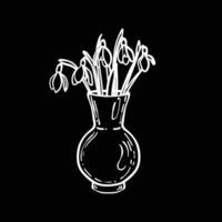 Hand drawn snowdrops bouquet in a vase. White line art of beautiful winter flowers isolated on a black background. Illustration for online and print projects. vector