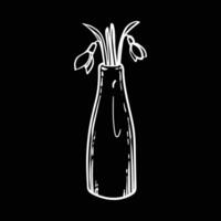 Hand drawn two snowdrops in a bottle like vase. White outline of beautiful winter flowers isolated on a black background. Illustration for online and print projects. vector