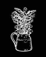 Hand drawn lily of the valley bouquet in a vase. White line art of beautiful winter flowers isolated on a black background. Illustration for online and print projects. vector
