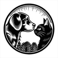 A dog and cat are looking at each other in a circle vector