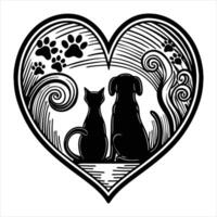 A dog and cat in a heart shape with paw prints vector