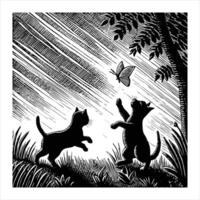 Two cats playing in the rain with a butterfly vector
