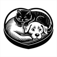 A cat and dog are sleeping in a heart shape vector