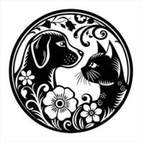 A black and white dog and cat in a floral pattern vector