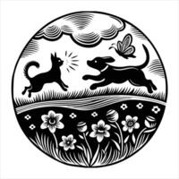 A black and white illustration of a dog and cat running through a field vector