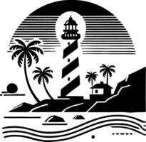 Tropical Island Lighthouse Scenic Artwork,Nautical lighthouse with palms and waves in a striking artistic style. vector