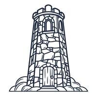 Stone tower illustration with ancient architectural features in black and white design vector