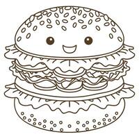 smiling burger with lettuce layers, sesame bun cute food illustration, simple line art design vector
