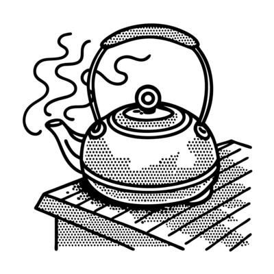 vintage dotted illustration of a steaming kettle on a plaid surface, retro art design