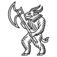Mythical creature fierce beast with axe and horns in bold black outline design art vector