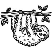 smiling sloth hanging from branch, intricate black and white illustration of a playful animal vector