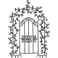 Ornate garden gate with twisting vines in elegant black and white line art vector