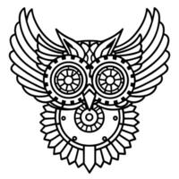 steampunk owl design with gears and wings, mechanical symmetry and intricate line art vector
