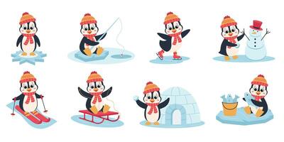 Cute animal penguin set characters. Cute penguin in different situations. vector
