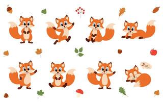 Cute animal fox set characters. Fox in various poses. Fox running, standing, jumping and sleeping. Forest wild animals. vector