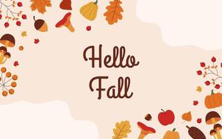 Autumn background with leaves, mushrooms, pine cones, berries, nuts and lettering. Autumn banner. Autumn concept. vector