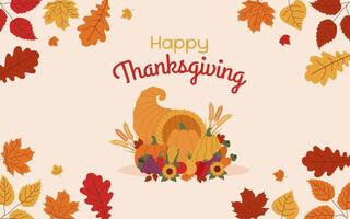 Thanksgiving background with cornucopia. Banner with autunm leaves and cornucopia. vector