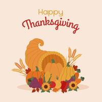 Cornucopia. Autumn thanksgiving background. Banner with pumpkins, vegetables, ears of corn and cornucopia. vector