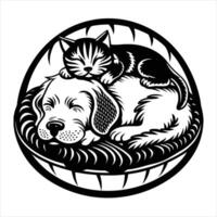 A cat and dog sleeping in a basket vector