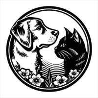 A dog and cat are in a circle with flowers vector