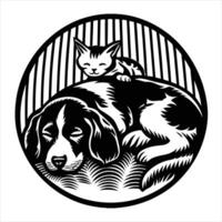 A black and white dog and cat sleeping in a circle vector