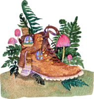 Whimsical watercolor illustration of a fantasy brown hiking boot house surrounded by lush ferns and pink mushrooms in a magical forest setting png