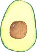 A watercolor illustration of a halved avocado showcasing its creamy yellow green flesh and a brown seed at the center png