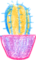 Crayon style illustration of a cactus with spiky details in a pot in vibrant colors playful childlike and whimsical appearance png