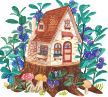 Whimsical watercolor illustration of a charming cottage built on a tree stump surrounded by lush greenery blue berries and colorful mushrooms evoking a fairytale forest setting png