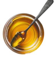 Glass honey bowl with honey spoon top side view of honey dipper Isolated without background png