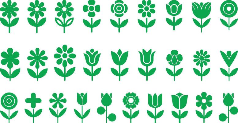 Collection of stylized green flower icons on white background