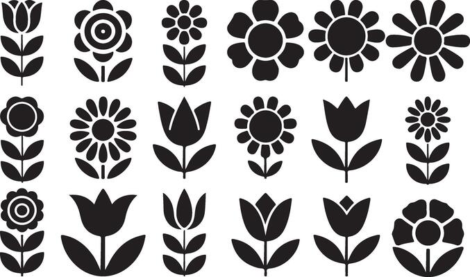 Black and White Floral Icons for Spring Design