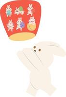 A cartoon rabbit is holding a red hat with a bunch of small rabbits on it vector