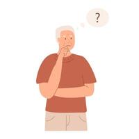 Elderly man experiencing confusion, memory loss, thinking with a puzzled expression and question mark. Alzheimer disease dementia concept. Male person solving problem, making decision. . vector