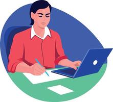 A flat style illustration of an employee working on a laptop vector