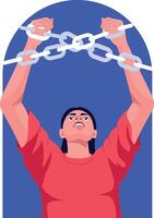 A character breaking chains depicting freedom, flat illustration vector