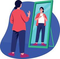 A character practicing speech in front of mirror, flat illustration vector