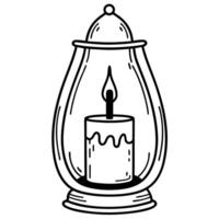 Outlined lantern with candle black and white, simple design lantern, lit candle in glass holder vector