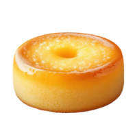 A round Burmese semolina cake is displayed with a shiny caramel glaze png