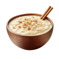 Peruvian arroz con leche served in a rustic wooden bowl with cinnamon garnish png