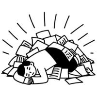 overworked individual resting on a pile of documents exhaustion from stress and excessive workload depicted in black and white illustration vector