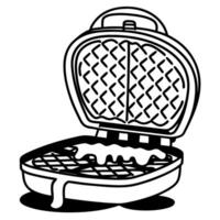 Waffle maker with open lid and batter inside, black and white illustration vector