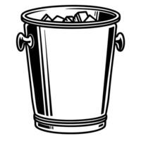illustration of metal bucket filled with ice cubes black and white line art, cool refreshing concept, simple design vector
