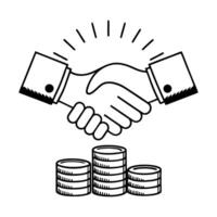 Business partnership handshake over coin stacks, symbolizing financial growth and collaboration vector