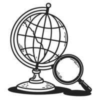 Vintage globe and magnifying glass illustration exploring world concept, black and white sketch vector
